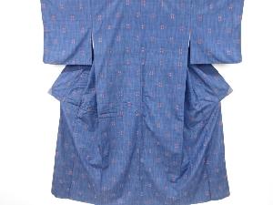 アンティーク　格子に抽象模様織り出し手織り紬着物